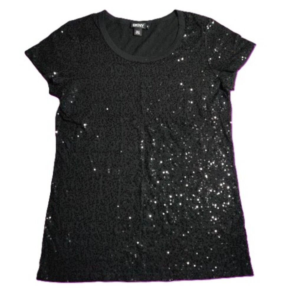 DKNY Black Sequin Sparkle Tee Shirt Womens Medium Short Sleeve Party Top